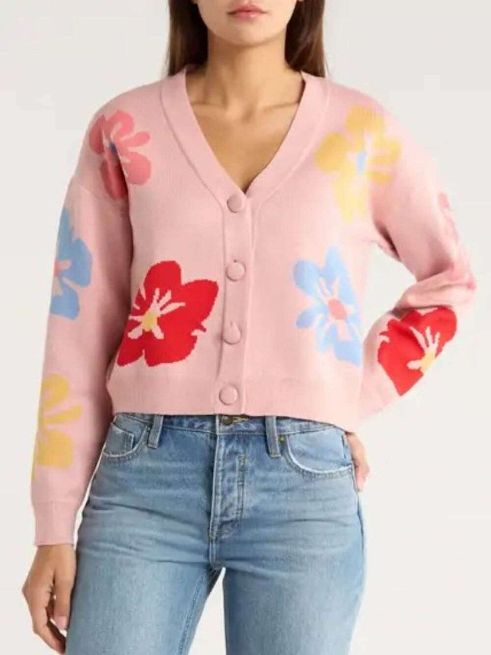 Love By Design Knit V-Neck Button Front Floral Cardigan Sweater Size L NWT